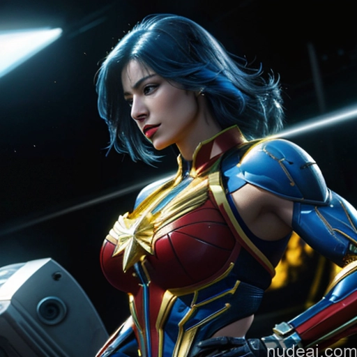 ai nude image of a close up of a woman in a costume holding a hammer pics of Superhero Captain Marvel Woman Busty Perfect Boobs Muscular Abs Bodybuilder Blue Hair Front View SuperMecha: A-Mecha Musume A素体机娘 Battlefield Science Fiction Style Cyborg Neon Lights Clothes: Yellow Gold Jewelry Neon Lights Clothes: Orange