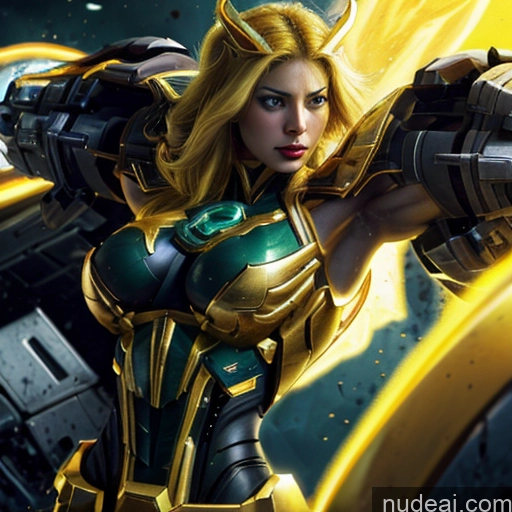 ai nude image of a woman in a green and gold outfit holding a gun pics of Superhero Captain Marvel Woman Busty Perfect Boobs Muscular Abs Bodybuilder Front View SuperMecha: A-Mecha Musume A素体机娘 Battlefield Science Fiction Style Cyborg Neon Lights Clothes: Yellow Gold Jewelry Neon Lights Clothes: Orange Super Saiyan Blonde