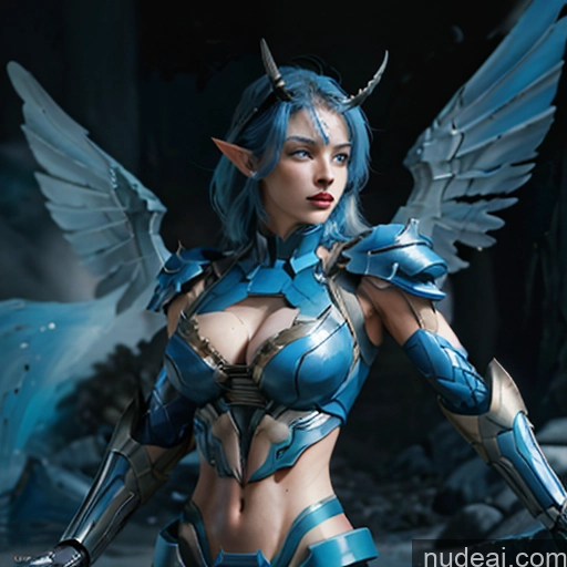 ai nude image of arafed woman in blue costume with wings and sword pics of Woman Bodybuilder Busty Muscular Abs Perfect Boobs Deep Blue Eyes Blue Hair Skin Detail (beta) Front View Cosplay Superhero Detailed SuperMecha: A-Mecha Musume A素体机娘 Captain Marvel Battlefield Has Wings