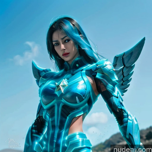 ai nude image of a close up of a woman in a blue costume with wings pics of Woman Bodybuilder Busty Muscular Abs Perfect Boobs Blue Hair Skin Detail (beta) Front View Cosplay Superhero Detailed Captain Marvel Has Wings Deep Blue Eyes Angel SuperMecha: A-Mecha Musume A素体机娘 Neon Lights Clothes: Blue