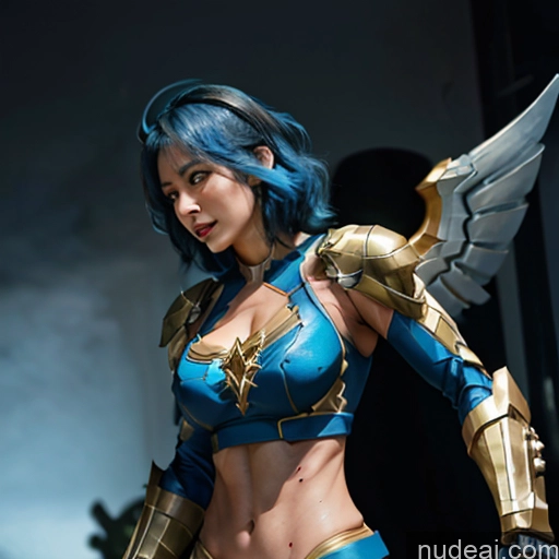 ai nude image of araffed woman in blue and gold costume posing for a picture pics of Woman Bodybuilder Busty Muscular Abs Perfect Boobs Blue Hair Skin Detail (beta) Front View Cosplay Superhero Detailed Captain Marvel Has Wings SuperMecha: A-Mecha Musume A素体机娘