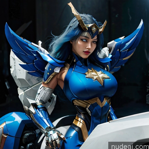 ai nude image of araffe woman in blue costume posing with sword and shield pics of Woman Bodybuilder Busty Muscular Abs Perfect Boobs Blue Hair Skin Detail (beta) Front View Cosplay Superhero Detailed Captain Marvel Has Wings SuperMecha: A-Mecha Musume A素体机娘