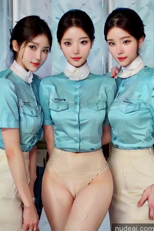 ai nude image of three asian women in blue shirts and tan skirts posing for a picture pics of Nude 18 Stewardess Uniform