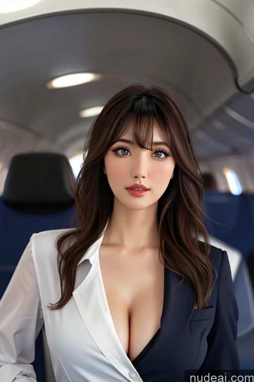 ai nude image of arafed woman in a suit on a plane with a white shirt pics of Bangs Wavy Hair Looking At Sky Flight Attendant