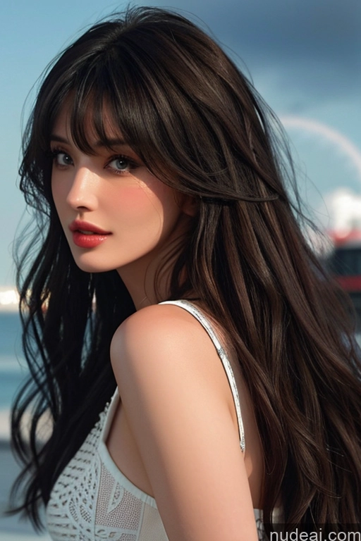 ai nude image of arafed woman with long dark hair and a white dress on a beach pics of Bangs Wavy Hair Looking At Sky Firefighter Two