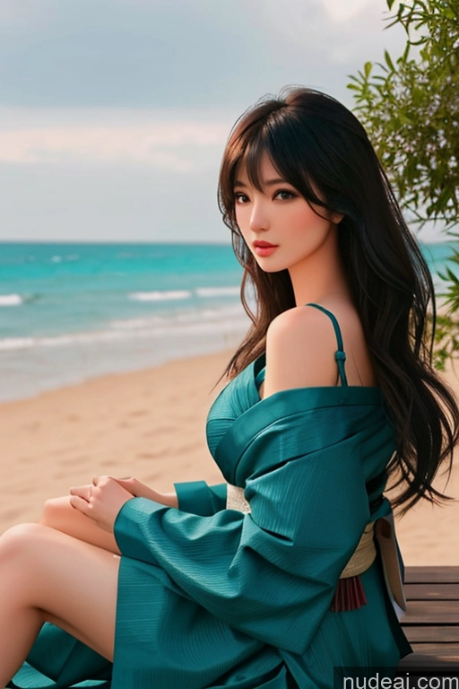 ai nude image of araffe woman sitting on a bench on the beach with a blue dress pics of Bangs Wavy Hair Looking At Sky Geisha