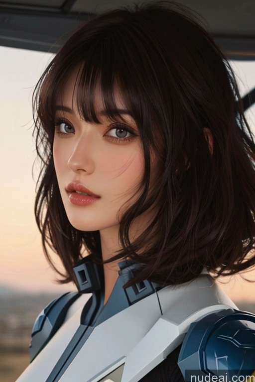 ai nude image of a close up of a woman with a sci - futuristic look on her face pics of Bangs Wavy Hair Looking At Sky Mech Suit