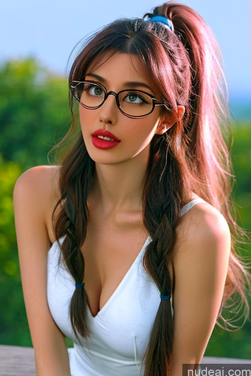 ai nude image of arafed woman with glasses and a white dress sitting on a bench pics of Short Perfect Body 18 Orgasm Ahegao Pink Hair Messy Russian Nude Bangs Detailed Bending Over Church Model Perfect Boobs Beautiful Long Hair Lipstick Glasses Close-up View