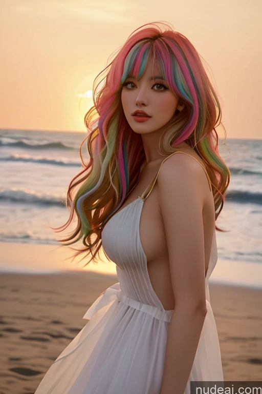 ai nude image of araffe with colorful hair standing on the beach at sunset pics of Looking At Sky Bangs Wavy Hair Beach Nude Dirndl Gold Jewelry Rainbow Haired Girl