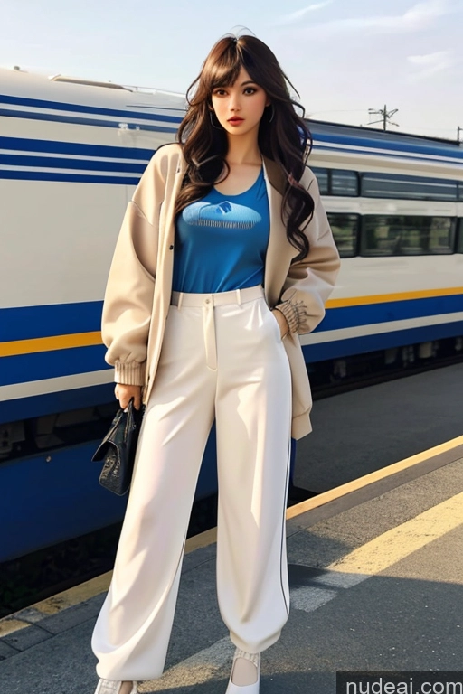 ai nude image of araffe woman standing in front of a train on a platform pics of Looking At Sky Bangs Wavy Hair Train Harem Pants High Heels High Socks Jacket