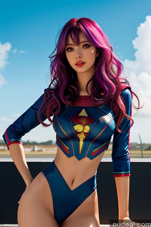 ai nude image of arafed woman in a superman costume posing on a rooftop pics of Looking At Sky Bangs Wavy Hair Superhero Rainbow Haired Girl