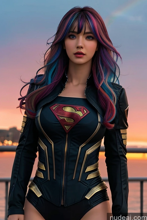 ai nude image of a close up of a woman in a superman suit posing for a picture pics of Looking At Sky Bangs Wavy Hair Superhero Rainbow Haired Girl