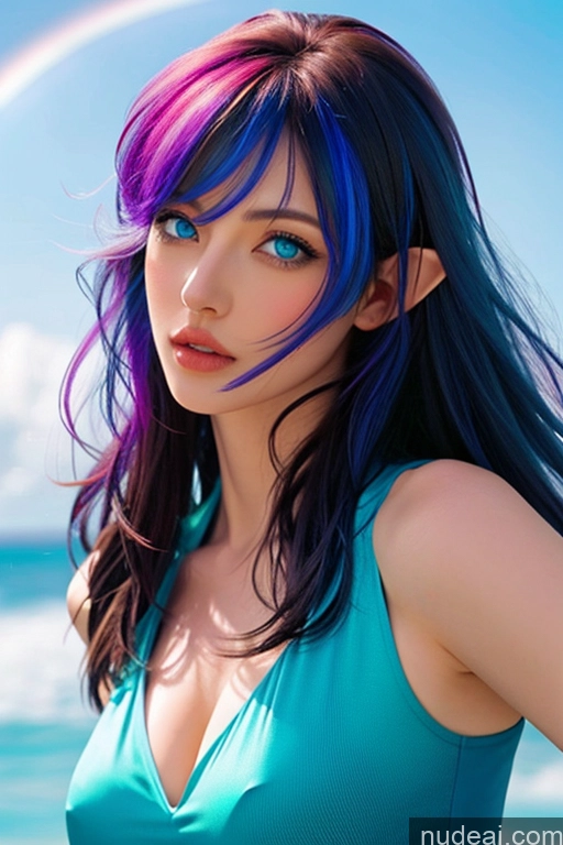 related ai porn images free for Looking At Sky Bangs Wavy Hair Superhero Rainbow Haired Girl Deep Blue Eyes