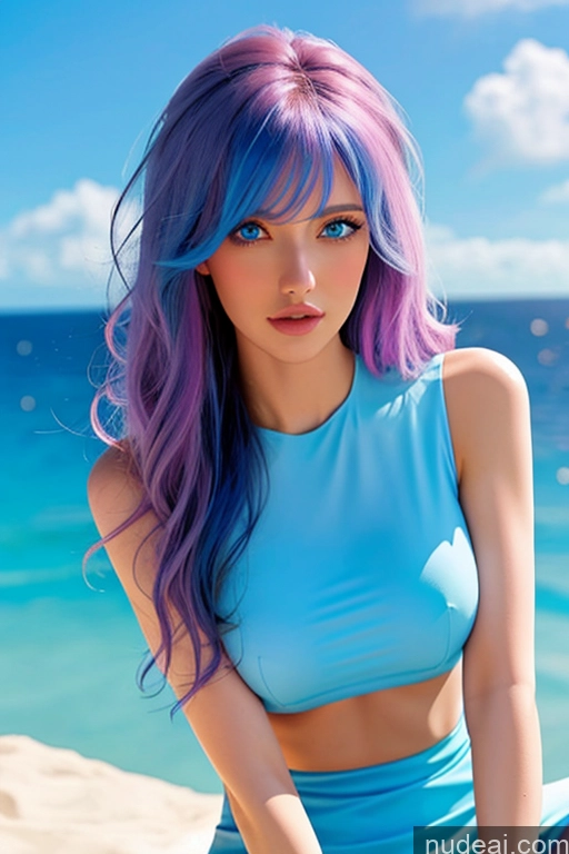 ai nude image of arafed woman with purple hair sitting on a beach pics of Looking At Sky Bangs Wavy Hair Superhero Rainbow Haired Girl Deep Blue Eyes