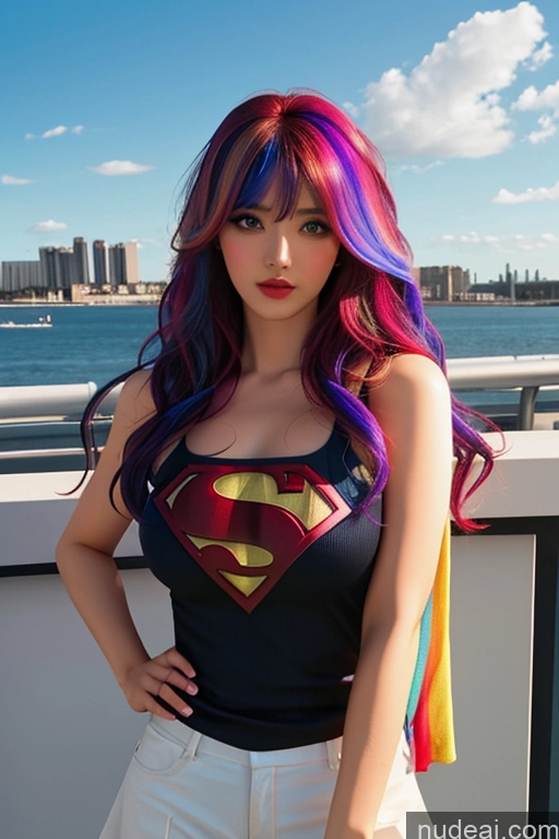 ai nude image of arafed woman with a superman shirt and rainbow hair posing for a picture pics of Looking At Sky Bangs Wavy Hair Superhero Rainbow Haired Girl