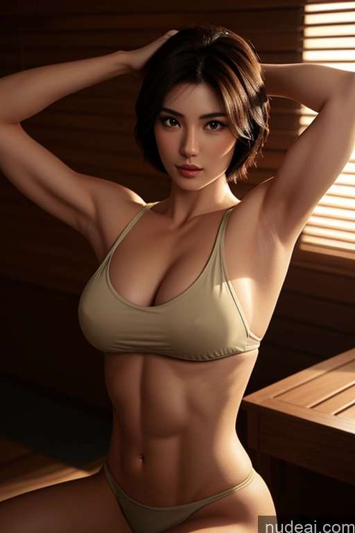 ai nude image of araffe woman in a tan bikini posing for a picture pics of Bodybuilder Woman One Perfect Boobs Perfect Body Muscular Short Hair Busty 18 Sexy Face Black Hair Pixie Japanese Skin Detail (beta) 3d Sauna Front View Close-up View Create An Open Vagina Nude Dark Lighting Detailed