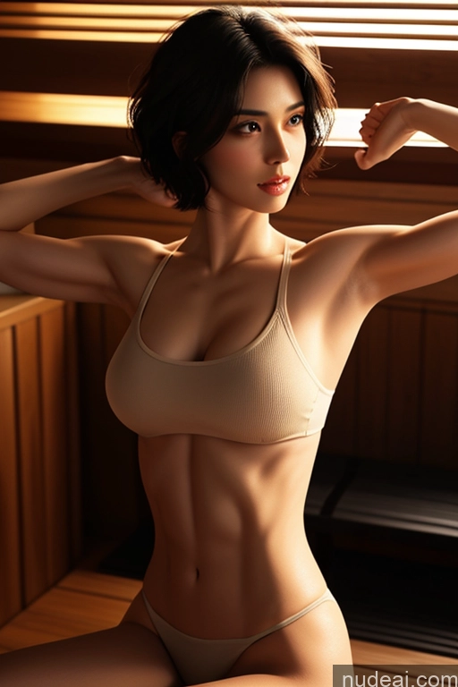 ai nude image of araffe woman in a tan bikini posing in a sauna pics of Bodybuilder Woman One Perfect Boobs Perfect Body Muscular Short Hair Busty 18 Sexy Face Black Hair Pixie Japanese Skin Detail (beta) 3d Sauna Front View Close-up View Dark Lighting Detailed Spreading Legs Create An Open Vagina