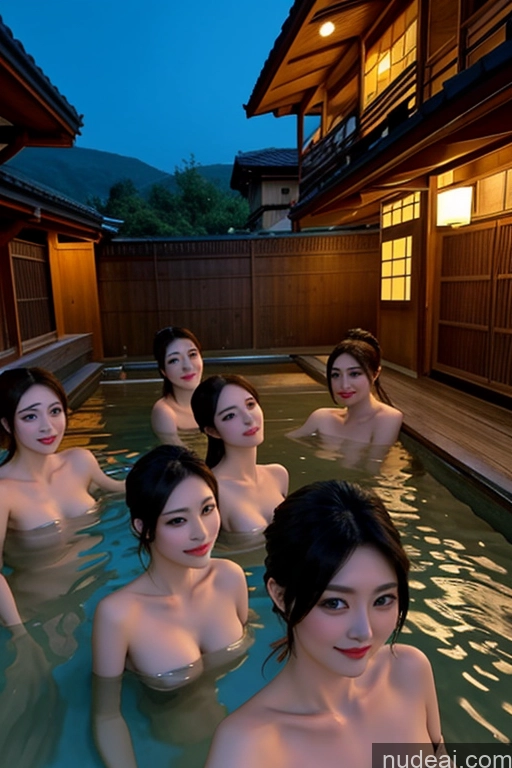 ai nude image of several women in a pool of water with a man in the background pics of Two Several Looking At Sky Onsen