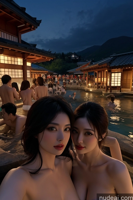 ai nude image of two women in bathing suits posing for a picture in a pool pics of Two Several Looking At Sky Onsen