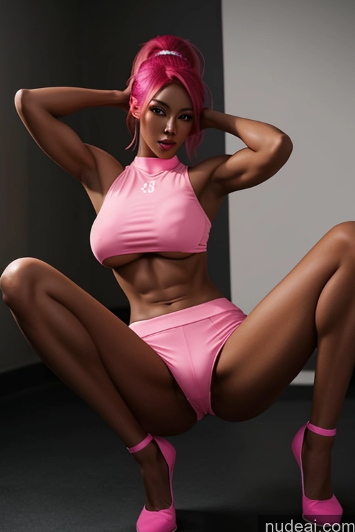 ai nude image of there is a woman in a pink bikini and high heels posing pics of Miss Universe Model One Perfect Boobs Muscular Beautiful 20s Sexy Face Pink Hair Ponytail African Black Bedroom Front View Topless Micro Skirt Stockings Spread Pussy