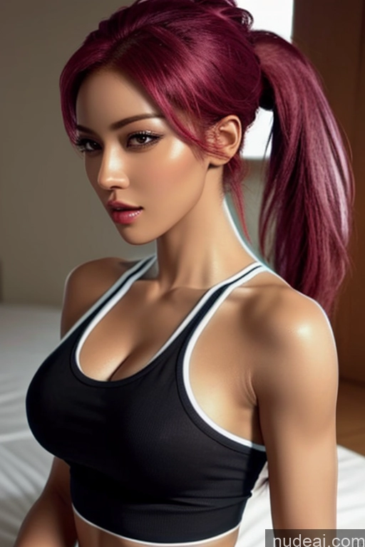 ai nude image of a close up of a woman with a ponytail in a black top pics of Miss Universe Model One Perfect Boobs Muscular Beautiful 20s Sexy Face Pink Hair Ponytail African Black Bedroom Front View Neon Lights Clothes: Blue