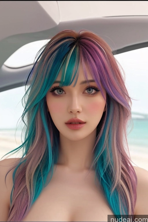 ai nude image of a woman with colorful hair and a big breast posing for a picture pics of Looking At Sky Bangs Wavy Hair Rainbow Haired Girl