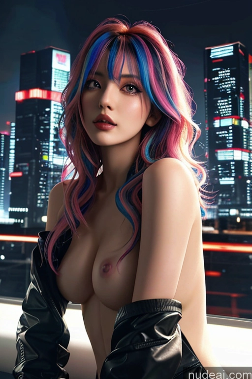 ai nude image of arafed woman with colorful hair posing in front of a city skyline pics of Looking At Sky Bangs Wavy Hair Rainbow Haired Girl Cyberpunk Graphics