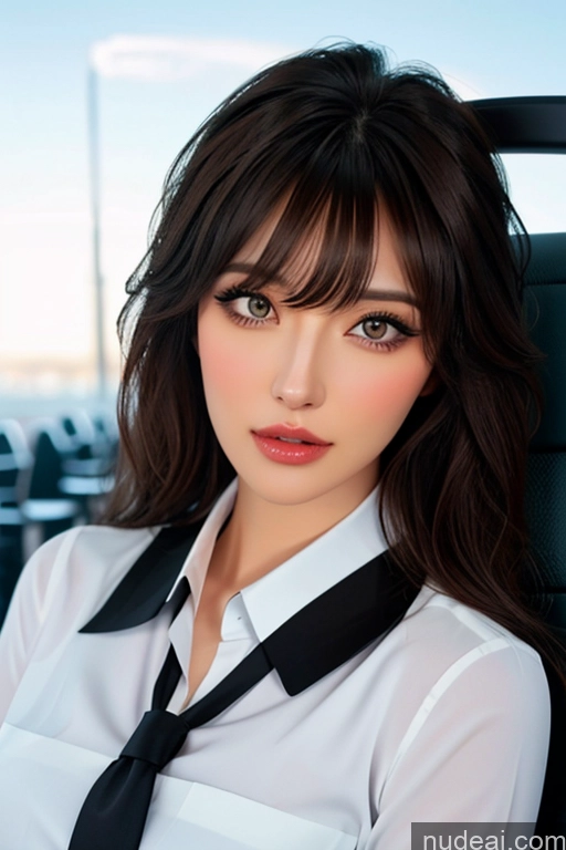 ai nude image of araffe woman with long hair wearing a white shirt and black tie pics of Bangs Wavy Hair Looking At Sky Flight Attendant