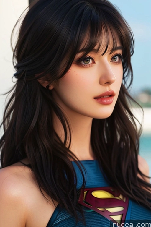 ai nude image of a close up of a woman with a superman costume on pics of Bangs Wavy Hair Looking At Sky Superhero