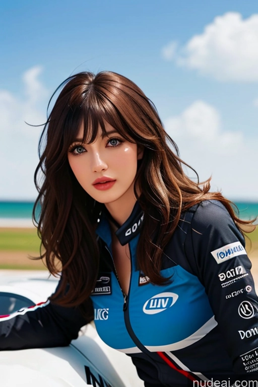 ai nude image of arafed woman sitting on a motorcycle with a blue and white jacket pics of Bangs Wavy Hair Looking At Sky Race Driver