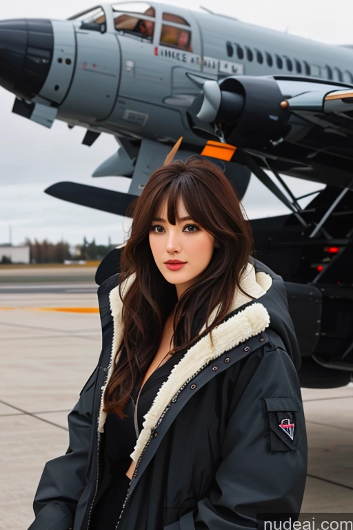 ai nude image of woman in black jacket standing in front of a jet on a runway pics of Bangs Wavy Hair Looking At Sky Parka Pilot