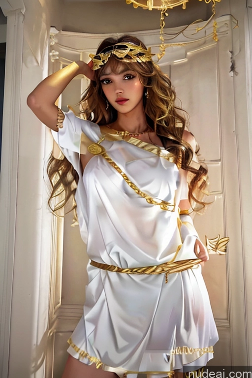 ai nude image of arafed woman in a white dress and gold chains pics of Bangs Wavy Hair Looking At Sky Nude Menstoga, White Robes, In White And Gold Costumem, Gold Headpiece, Gold Belt, Gold Chain