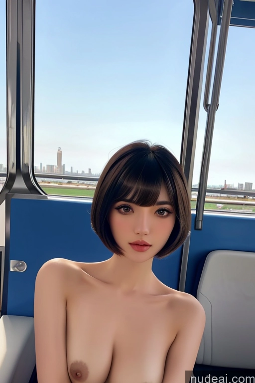 ai nude image of a close up of a woman with a very big breast sitting on a bus pics of Looking At Sky Hime Cut Nude Train