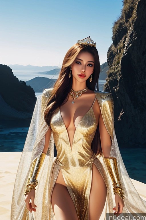 ai nude image of araffe woman in a gold bodysuit and cape on a beach pics of Miss Universe Model Gold Jewelry Diamond Jewelry One Transparent Looking At Sky Fantasy Armor