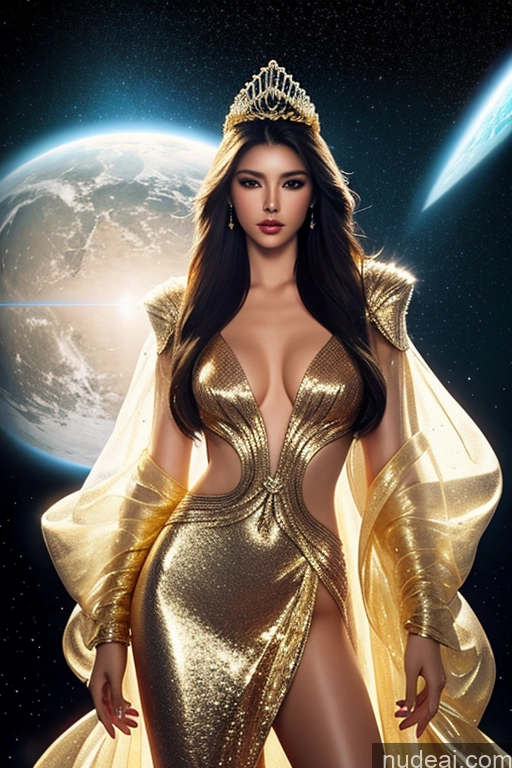 ai nude image of arafed image of a woman in a gold dress and a crown pics of Miss Universe Model Gold Jewelry Diamond Jewelry One Transparent Looking At Sky Fantasy Armor