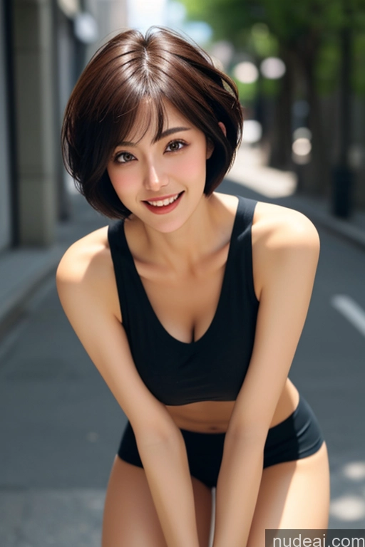 ai nude image of arafed asian woman in a black top and black shorts posing for a picture pics of Woman One Perfect Boobs Perfect Body Short Hair 18 Happy Black Hair Pixie Japanese Skin Detail (beta) Street Front View Sailor Thigh Socks Dark Lighting Detailed