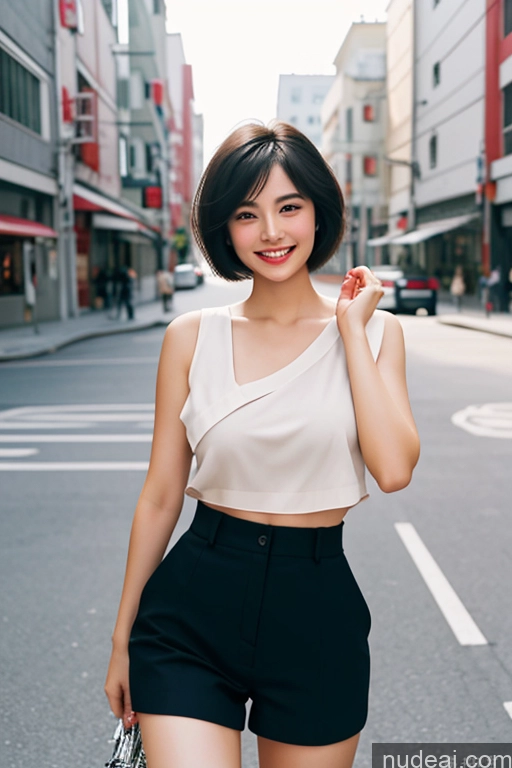 ai nude image of araffe woman in a white top and black shorts posing for a picture pics of Woman One Short Hair 18 Happy Black Hair Pixie Japanese Skin Detail (beta) Street Front View Detailed Working Out Sailor