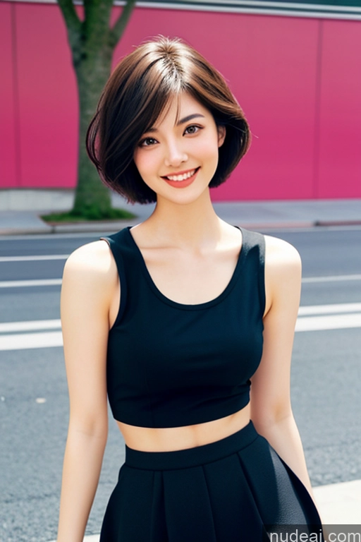 ai nude image of arafed asian woman in black top and skirt standing on street pics of Woman One Short Hair 18 Happy Black Hair Pixie Japanese Skin Detail (beta) Street Front View Detailed Working Out Sailor Micro Skirt 80s