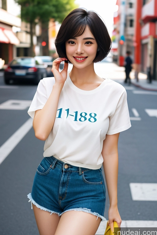 ai nude image of arafed asian woman in a white shirt and denim shorts talking on a cell phone pics of Woman One Short Hair 18 Happy Black Hair Pixie Japanese Skin Detail (beta) Street Front View Detailed Working Out Sailor Micro Skirt 80s