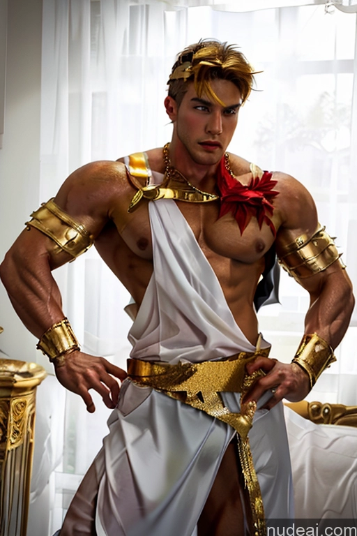 ai nude image of arafed man in a white dress with gold accents and a red bow pics of Bodybuilder Super Saiyan Super Saiyan 4 Menstoga, White Robes, In White And Gold Costumem, Gold Headpiece, Gold Belt, Gold Chain