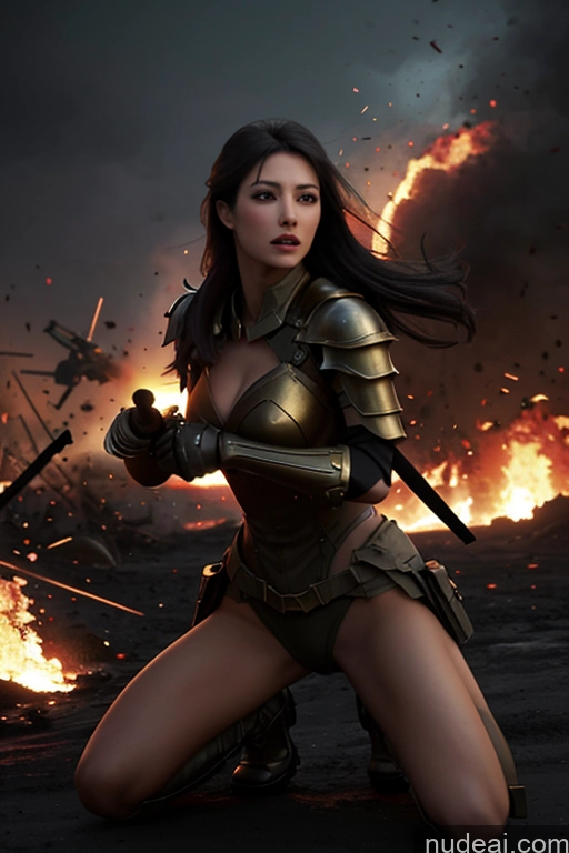 ai nude image of arafed woman in armor kneeling in front of a fire pics of Battlefield Fantasy Armor Transparent Diamond Jewelry Gold Jewelry