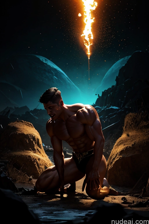 ai nude image of there is a man kneeling down in the sand with a fire in the sky pics of Battlefield Fantasy Armor Transparent Diamond Jewelry Gold Jewelry Nude Bodybuilder Glowing, Skull, Armor, Spikes, Teeth, Monster, Dirty, Tentacles, Pus, Pimples, Crack, Truenurgle