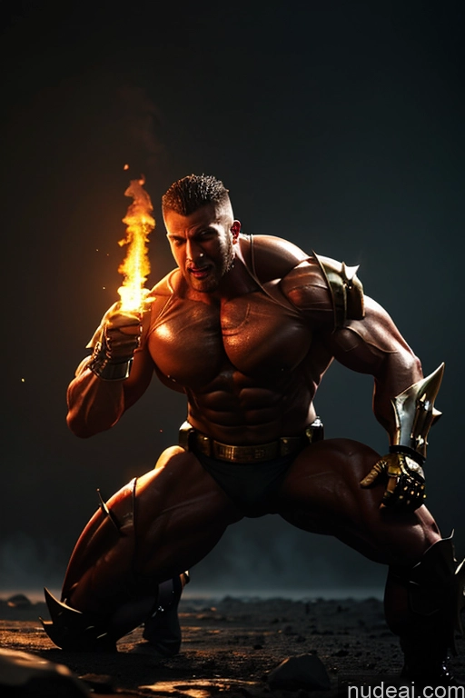 ai nude image of arafed man with a sword and fire in his hand pics of Battlefield Fantasy Armor Transparent Diamond Jewelry Gold Jewelry Bodybuilder Glowing, Skull, Armor, Spikes, Teeth, Monster, Dirty, Tentacles, Pus, Pimples, Crack, Truenurgle