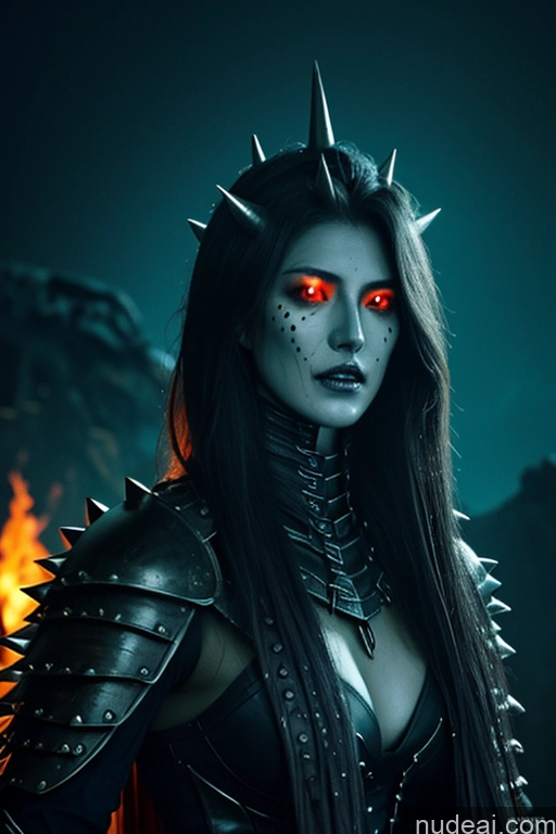 ai nude image of arafed woman in a black leather outfit with spikes and red eyes pics of Glowing, Skull, Armor, Spikes, Teeth, Monster, Dirty, Tentacles, Pus, Pimples, Crack, Truenurgle Wooden Horse Looking At Sky