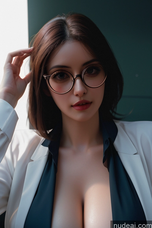 ai nude image of there is a woman with glasses and a suit posing for a picture pics of Busty Perfect Boobs Beautiful Glasses 30s Professor Teacher Topless Irish German British Partially Nude