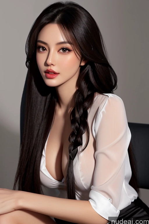 ai nude image of araffe asian woman with long black hair sitting on a chair pics of Busty Perfect Boobs Perfect Body Bangs 18 Long Hair Pouting Lips Black Hair Skin Detail (beta) Secretary Satin Stylish Suit Jewelry Dark Lighting Detailed Blouse Office Pantyhose Shirt Bows Long Skirt Italian