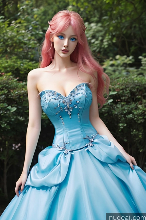 ai nude image of arafed woman in a blue dress posing for a picture pics of BarbieCore Haute Couture | Ball Gown Deep Blue Eyes Pink Hair