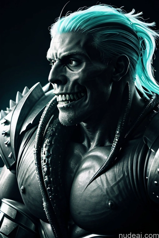 ai nude image of a close up of a man with a blue hair and a beard pics of Glowing, Skull, Armor, Spikes, Teeth, Monster, Dirty, Tentacles, Pus, Pimples, Crack, Truenurgle Bodybuilder