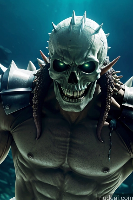 ai nude image of a close up of a person with a skull on their head pics of Glowing, Skull, Armor, Spikes, Teeth, Monster, Dirty, Tentacles, Pus, Pimples, Crack, Truenurgle Bodybuilder Underwater