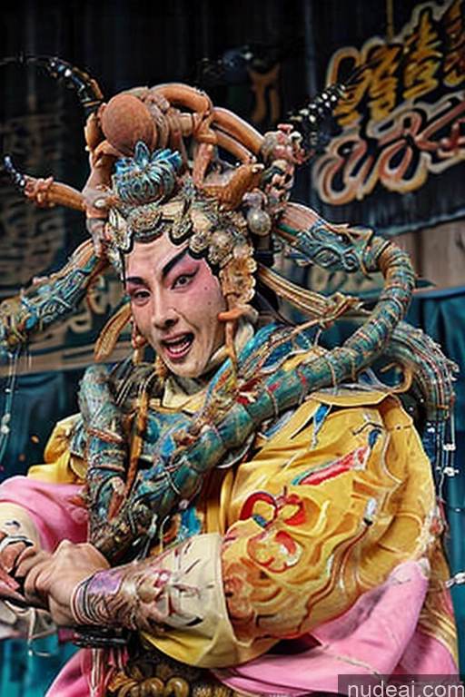 ai nude image of a close up of a person in a costume holding a sword pics of Bodybuilder Glowing, Skull, Armor, Spikes, Teeth, Monster, Dirty, Tentacles, Pus, Pimples, Crack, Truenurgle Chinese Opera Costumes